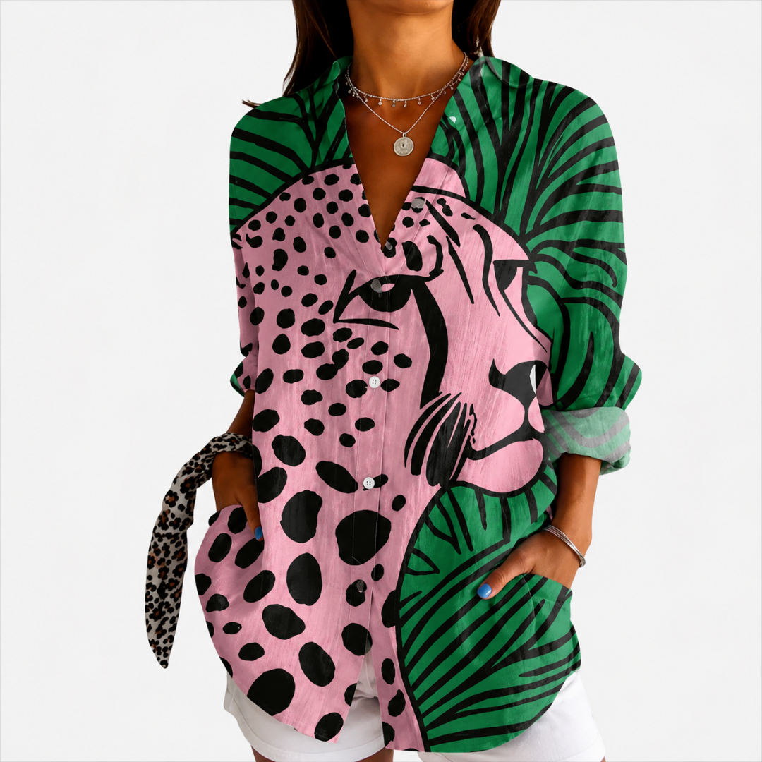 SAVANNAH | CAMICIA ARTISTICA CON STAMPA LEOPARDATA TROPICALE