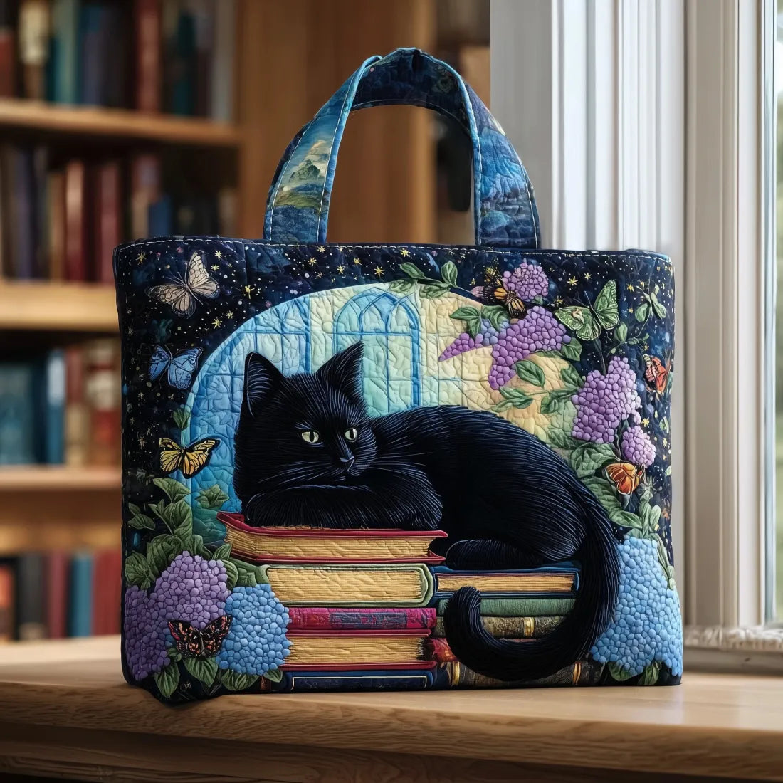 CHARLOTTE | BORSA ARTIGIANALE CON GATTO NERO SUI LIBRI