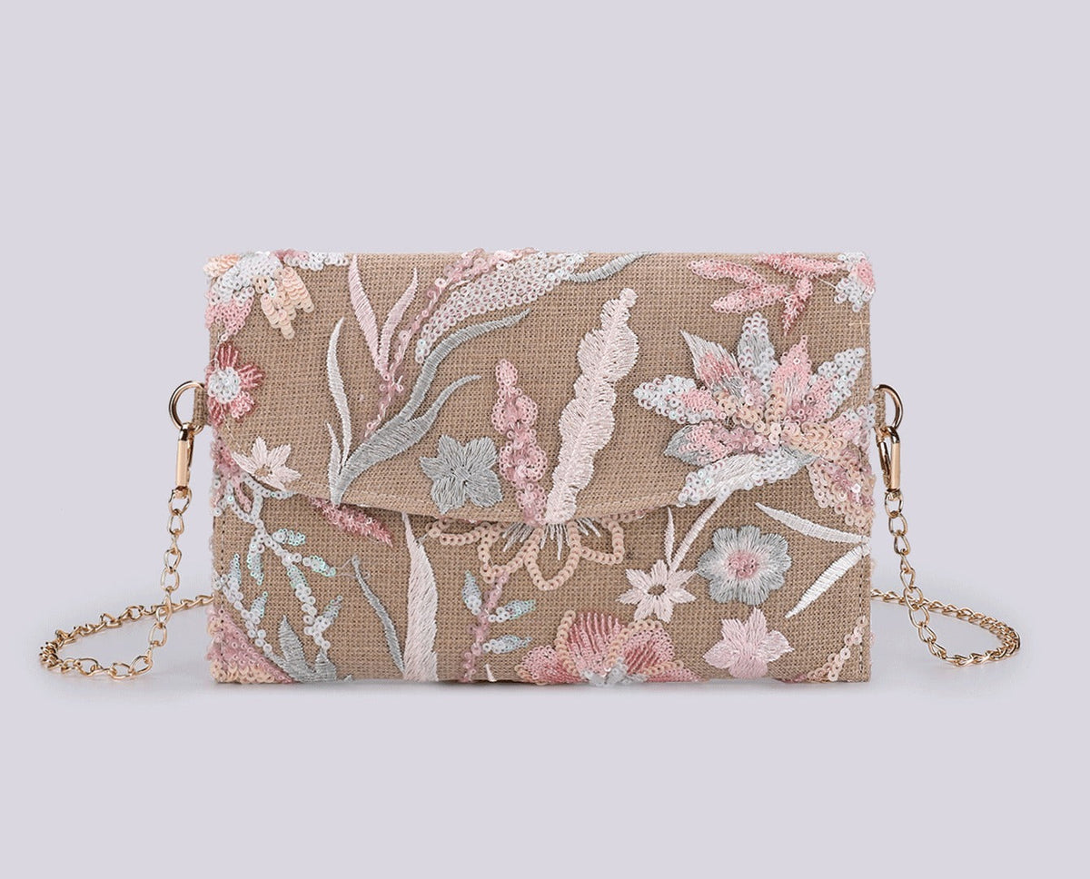 ROSEMEADOW | POCHETTE A TRACOLLA CON PAILLETTE FLOREALI ROSA