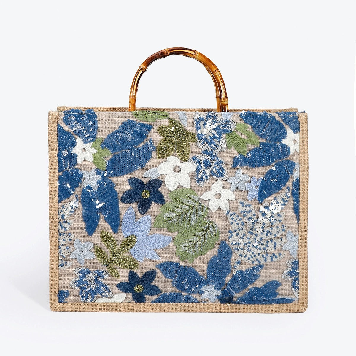 OCEANMEADOW | BORSA TOTE CON MANICO IN BAMBÙ E PAILLETTES A MOTIVO FLOREALE BLU