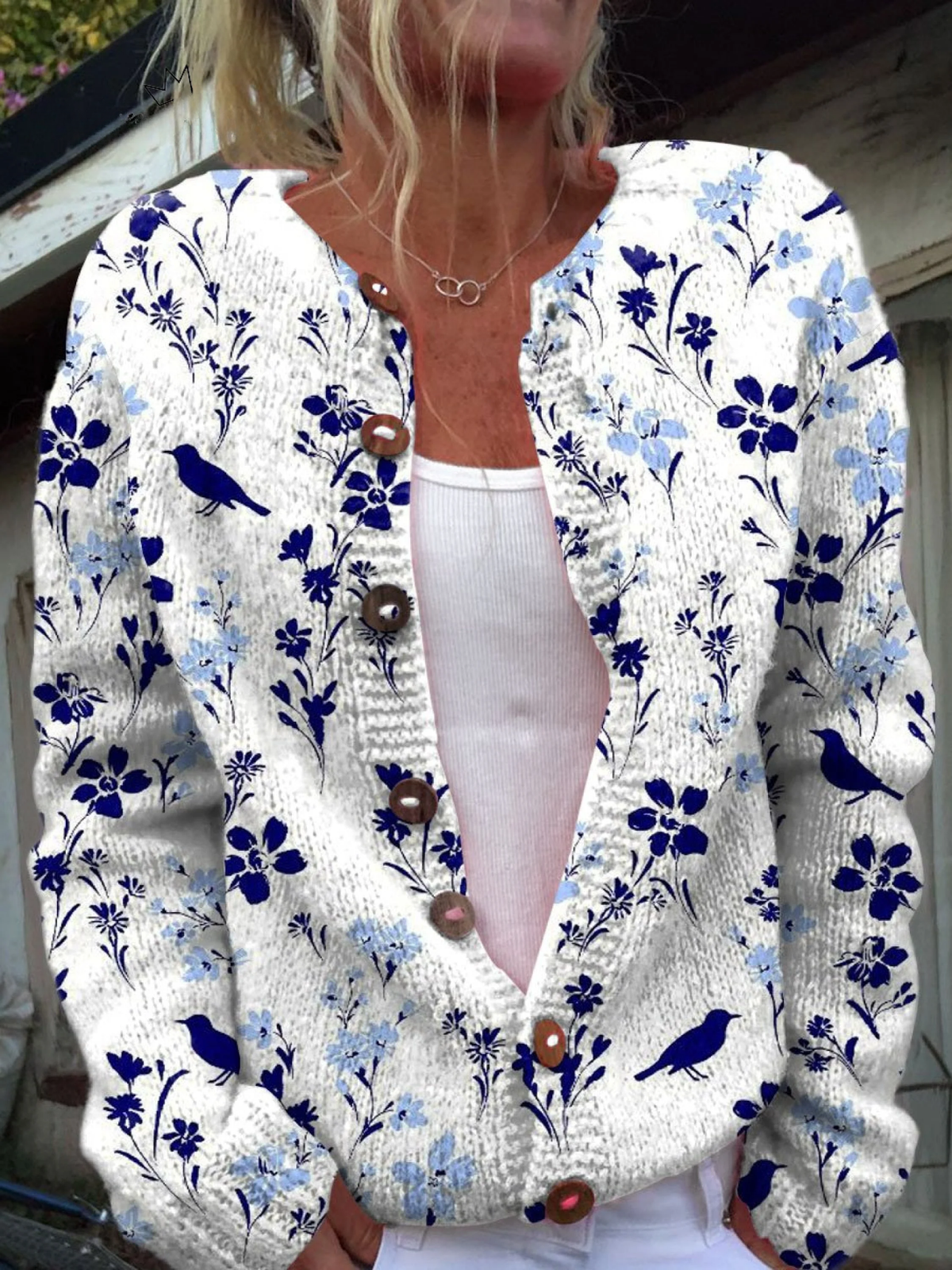 VYNORA | CARDIGAN CON BOTTONI E STAMPA FLOREALE VINTAGE CON UCCELLINI