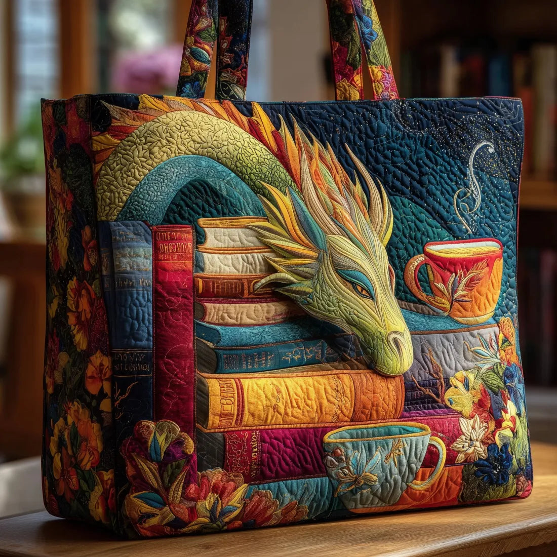 FREYA | BORSA A TRACOLLA A FORMA DI DRAGO FATTA A MANO CON LIBRI E TAZZE