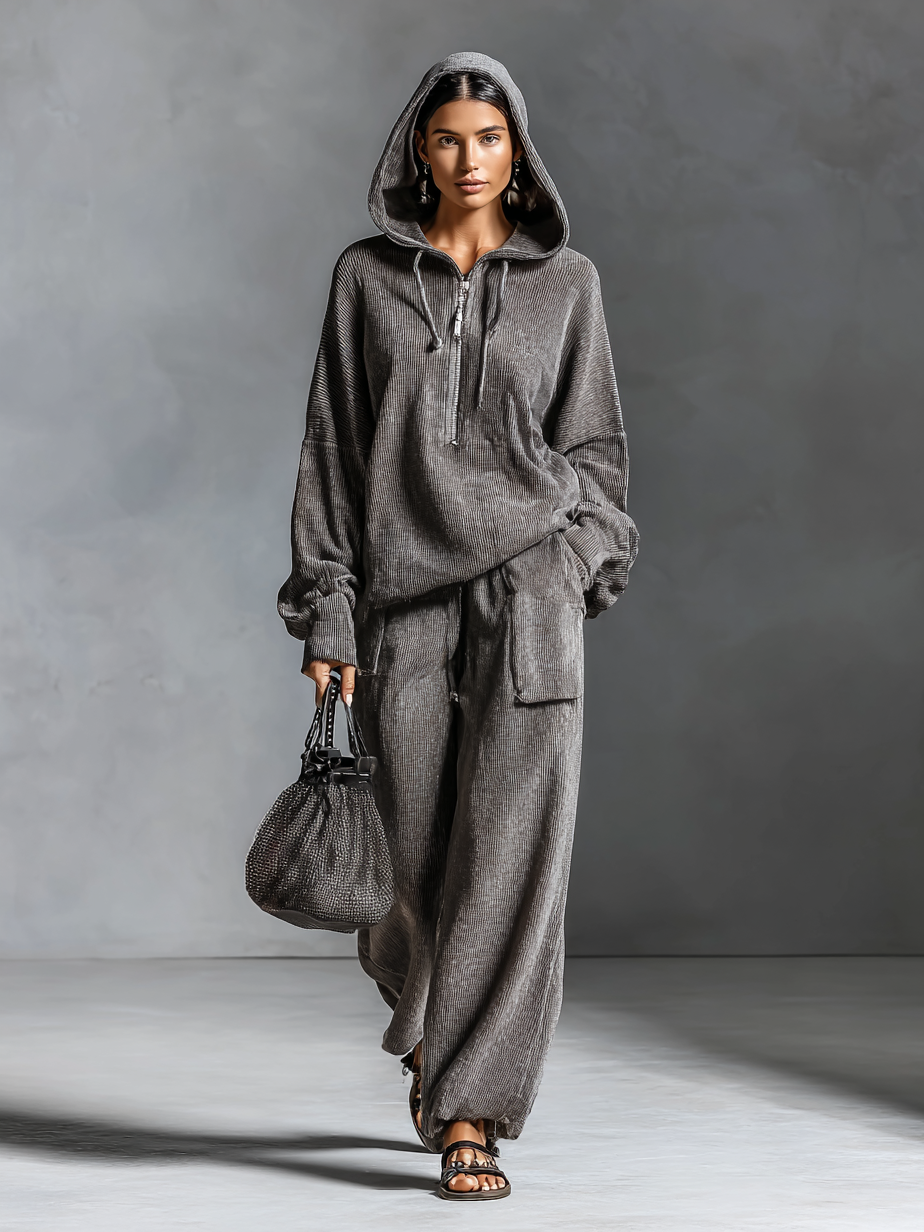 EVELYN | COMPLETO DONNA CASUAL IN VELLUTO A COSTE CON FELPA CON CAPPUCCIO E PANTALONI DRITTI