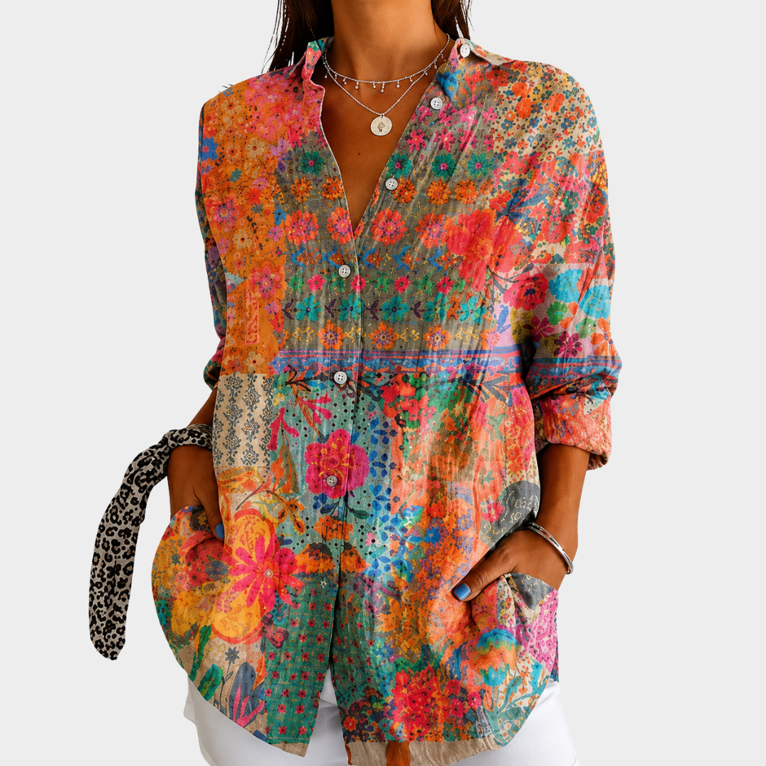 SADIE | CAMICIA CON BOTTONI E PATCHWORK DI FIORI DI CAMPO AL SOLE