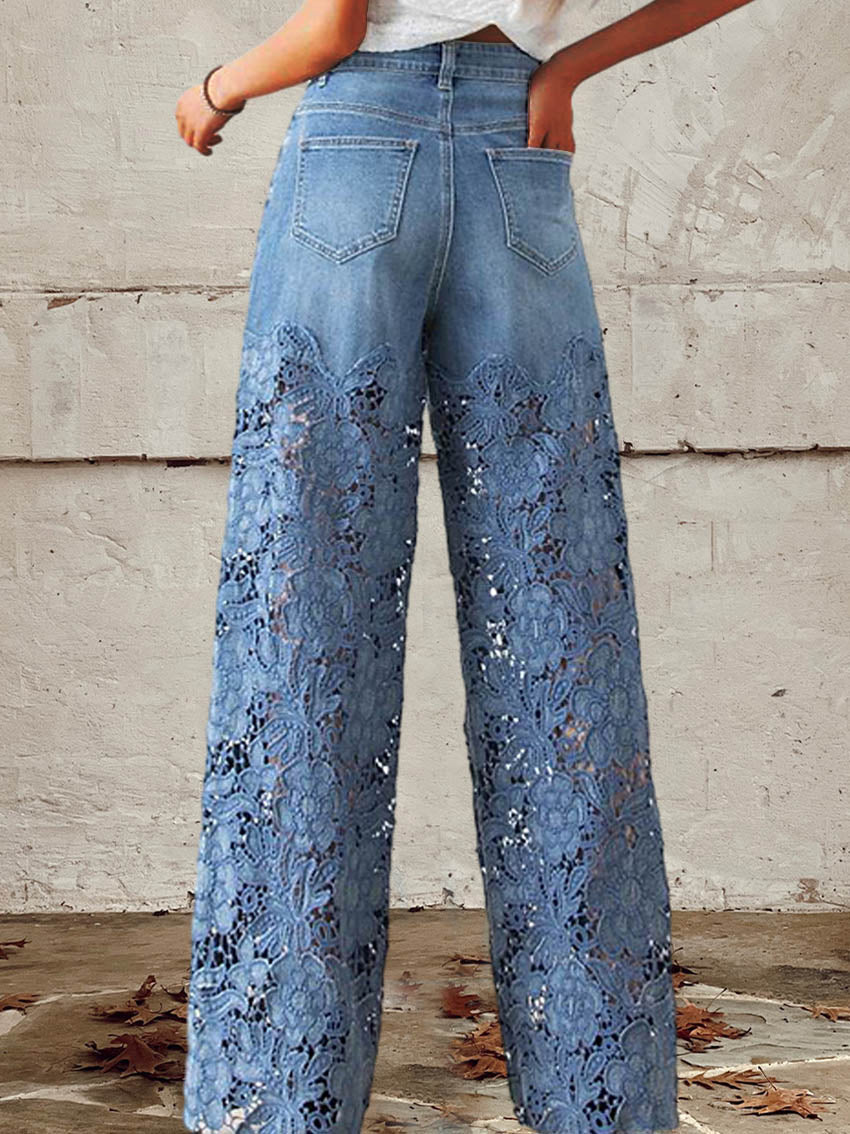 OCTAVIA | JEANS A GAMBA LARGA IN DENIM CON INSERTI IN PIZZO