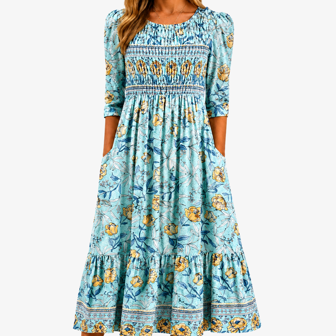 FIRENZE | ABITO MIDI DA GIARDINO SMOCK GOLDEN BLOOM
