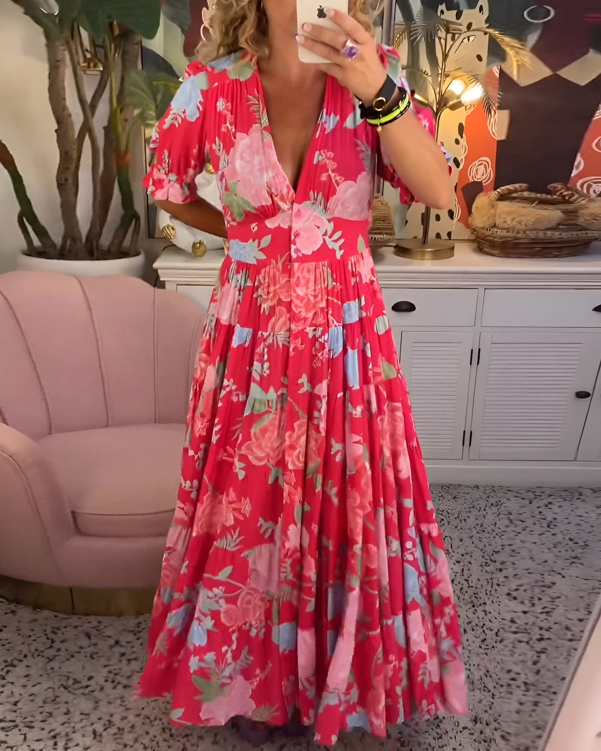 CARINE | ABITO CON TASCHE E SCOLLO A V CON STAMPA FLOREALE
