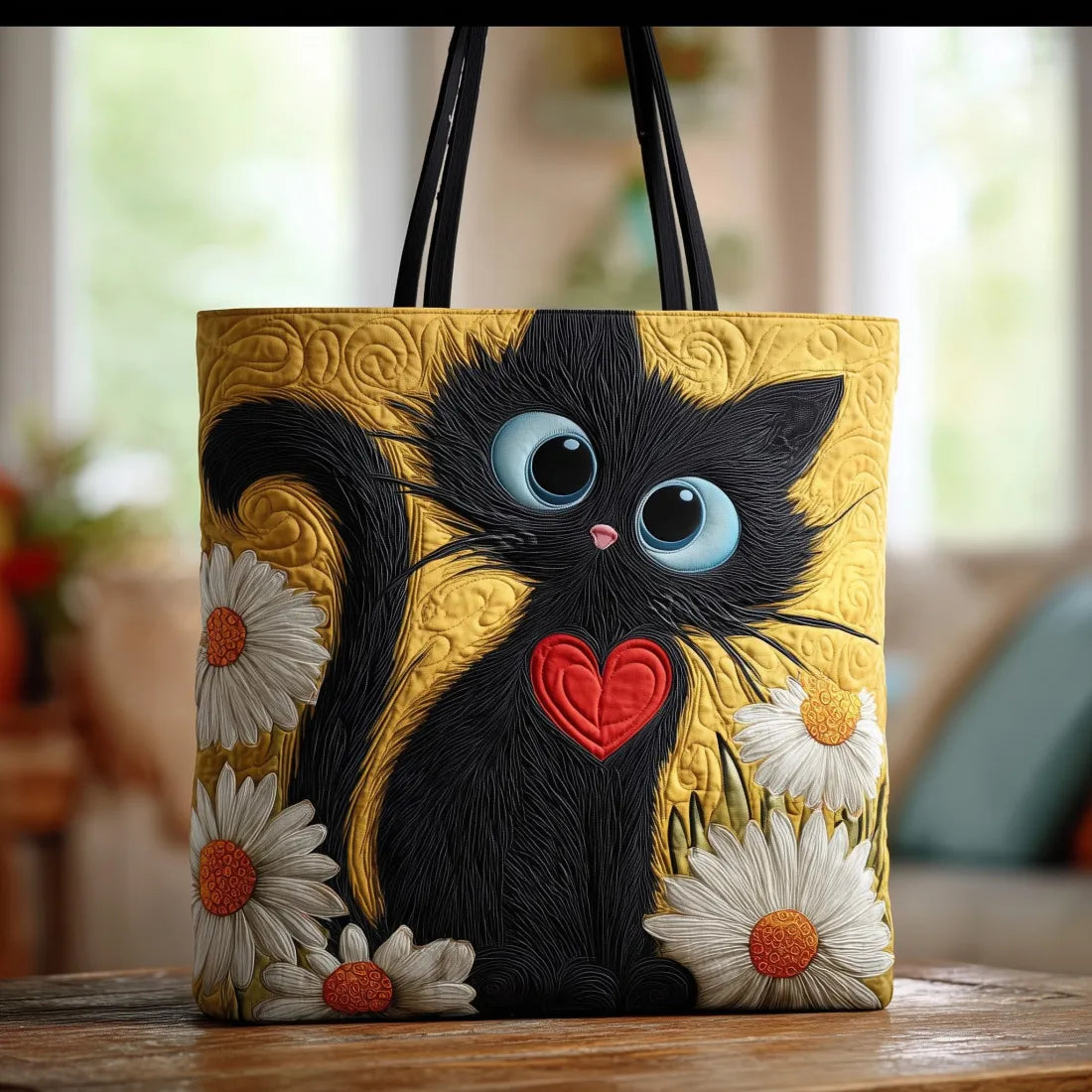 PIPER | BORSA ARTIGIANALE GATTO NERO CON CUORE E MARGHERITE