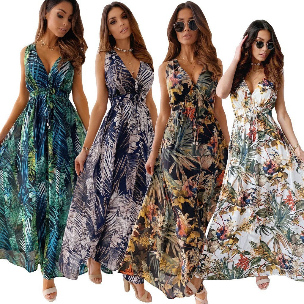 LENORA | MAXI ABITO CON SCOLLO A V E STAMPA TROPICALE