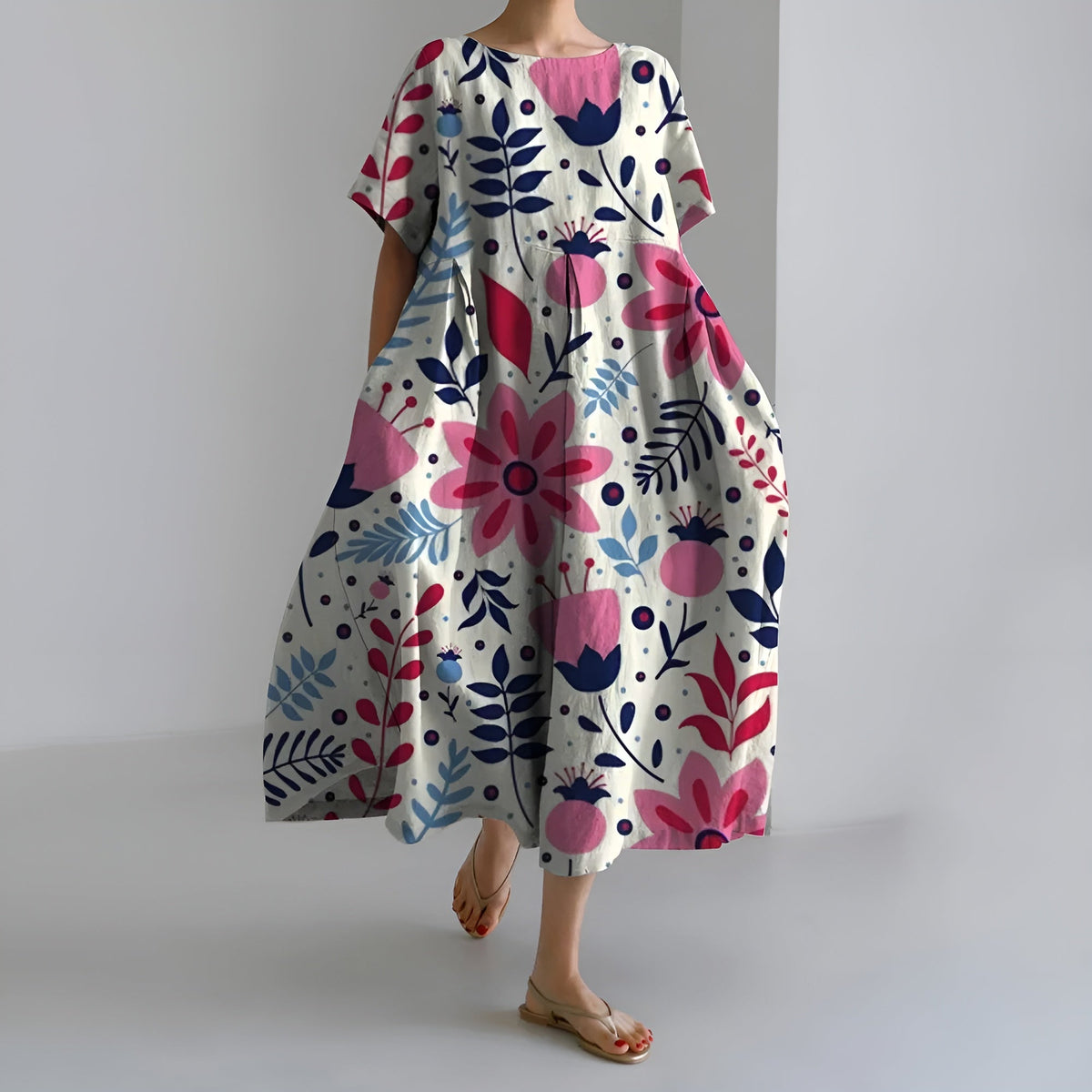 MEERI | MAXI ABITO ARTISTICO CON MOTIVO FLOREALE VINTAGE ED ELEGANZA DISINVOLTA