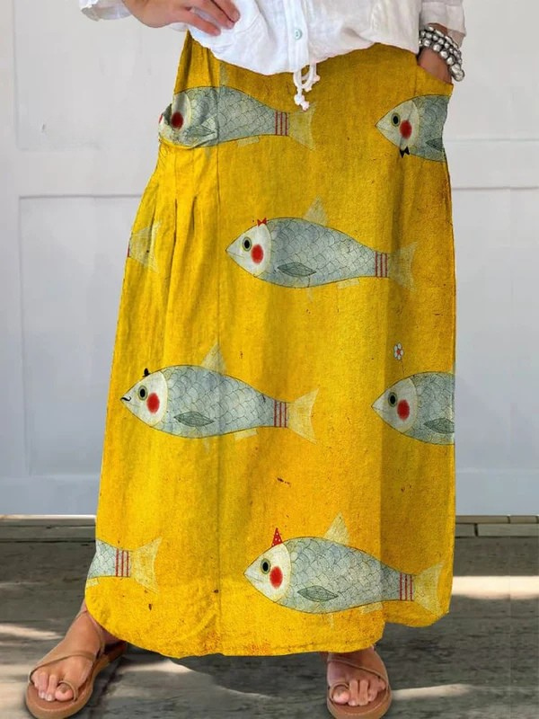 ELLI | GONNA CON TASCHE E STAMPA VINTAGE FISH