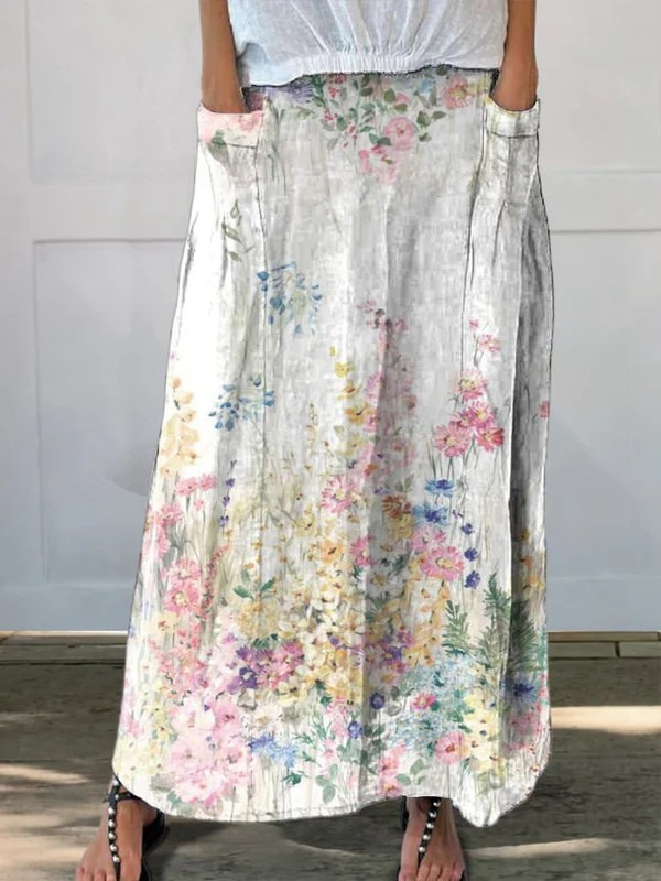 ROXANE | GONNA CON TASCHE E VITA ELASTICA CON STAMPA FLOREALE BOTANICA VINTAGE