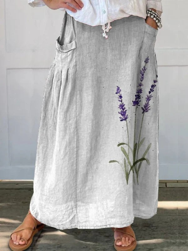 MARIAN | GONNA CON ELASTICO IN VITA E TASCHE, STAMPA FLOREALE A ACQUERELLO CON LAVANDA