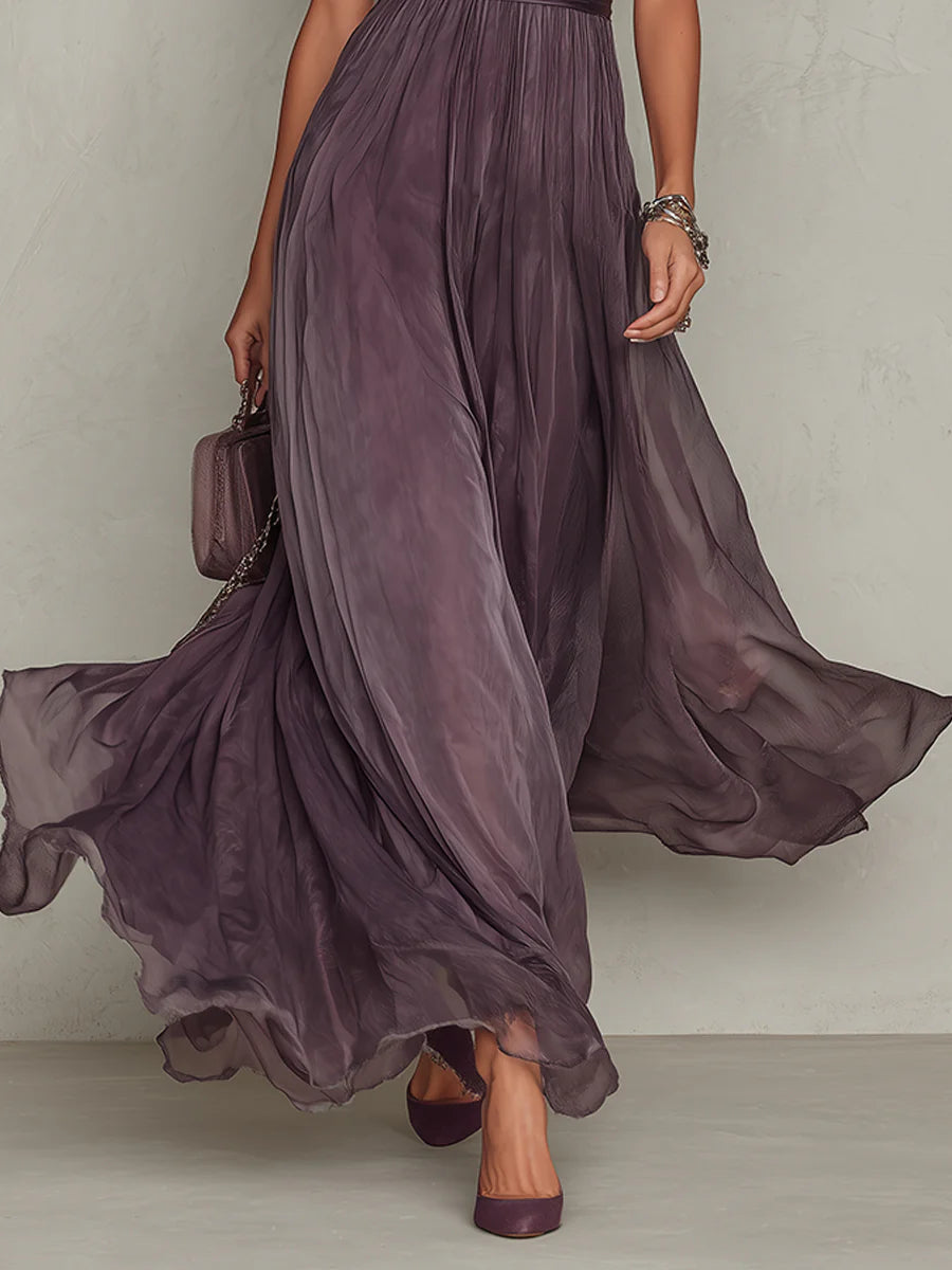 SOPHIE | ABITO LUNGO VIOLA CON SCOLLO A GIRO E RIFINITURE IN PIZZO CHIFFON