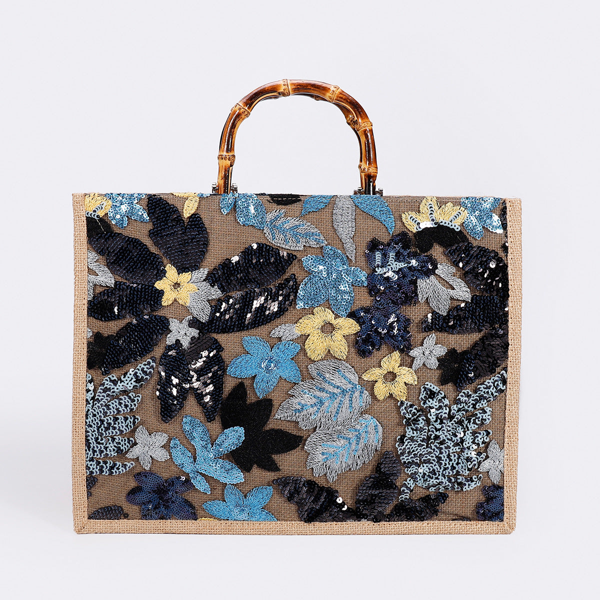 MIDNIGHTBLOOM | BORSA TOTE CON MANICO IN BAMBÙ E PAILLETTES FLOREALI BLU