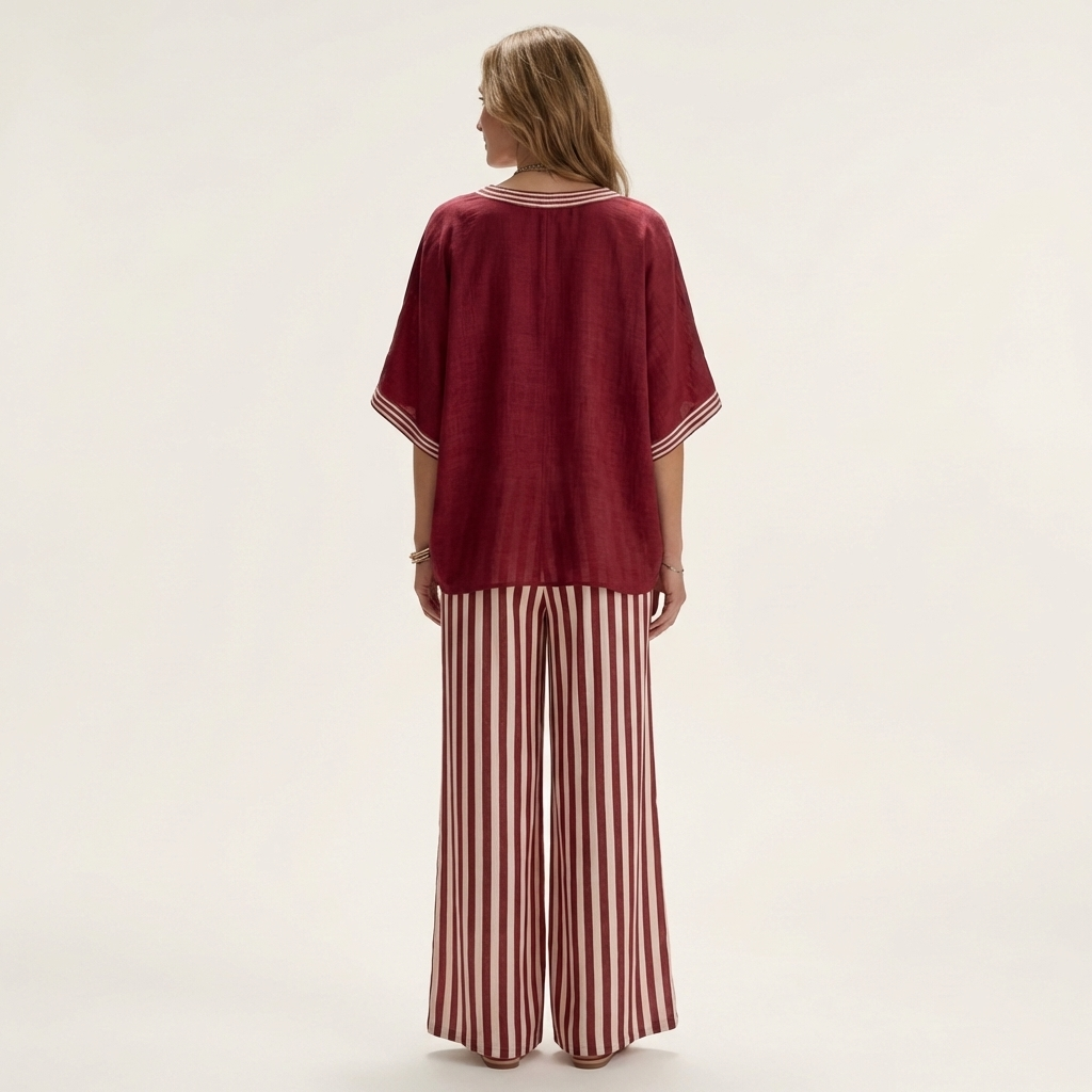 GISELLE | COMPLETO TOP VARSITY SCOLLO A V E PANTALONI A GAMBA LARGA A RIGHE