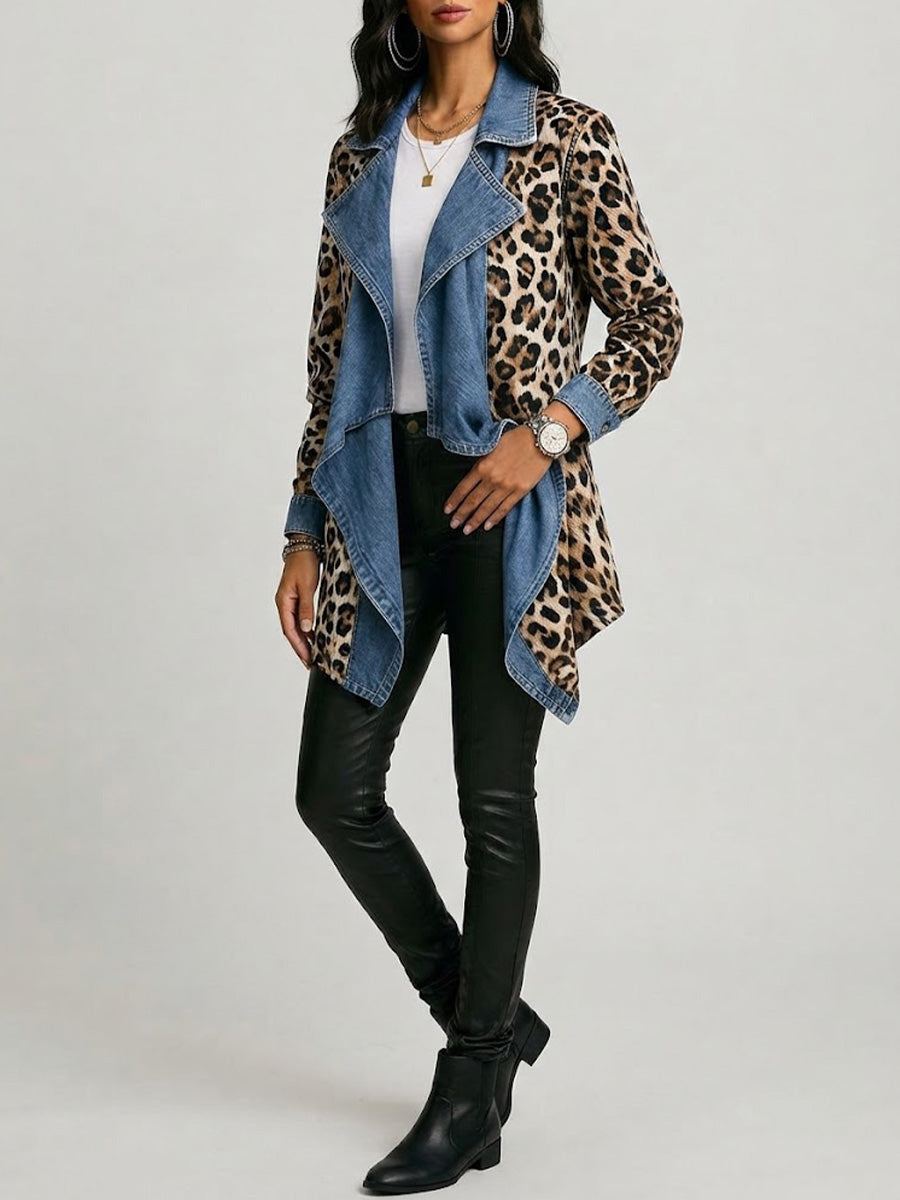 SHERILYN | GIACCA A MEDIA LUNGHEZZA A PANNELLI IN STAMPA LEOPARDATA E DENIM LAVATO