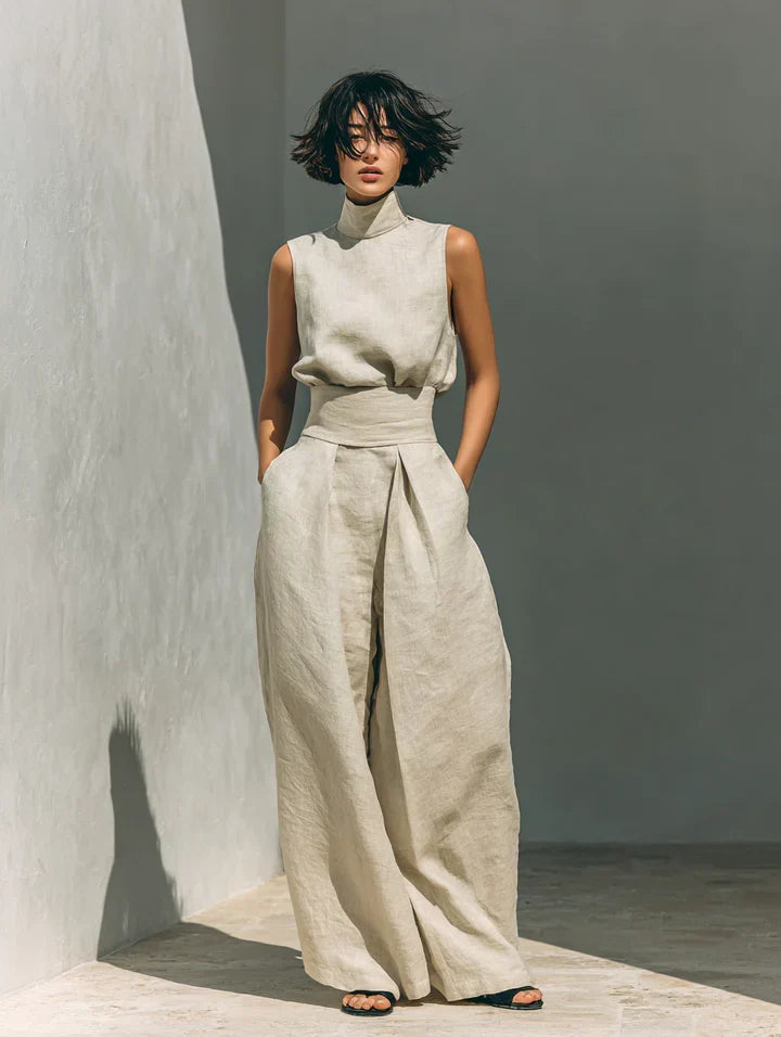 FLOR | COMPLETO DONNA MINIMALISTA A DUE PEZZI CON BLUSA SENZA MANICHE E PANTALONI A GAMBA LARGA