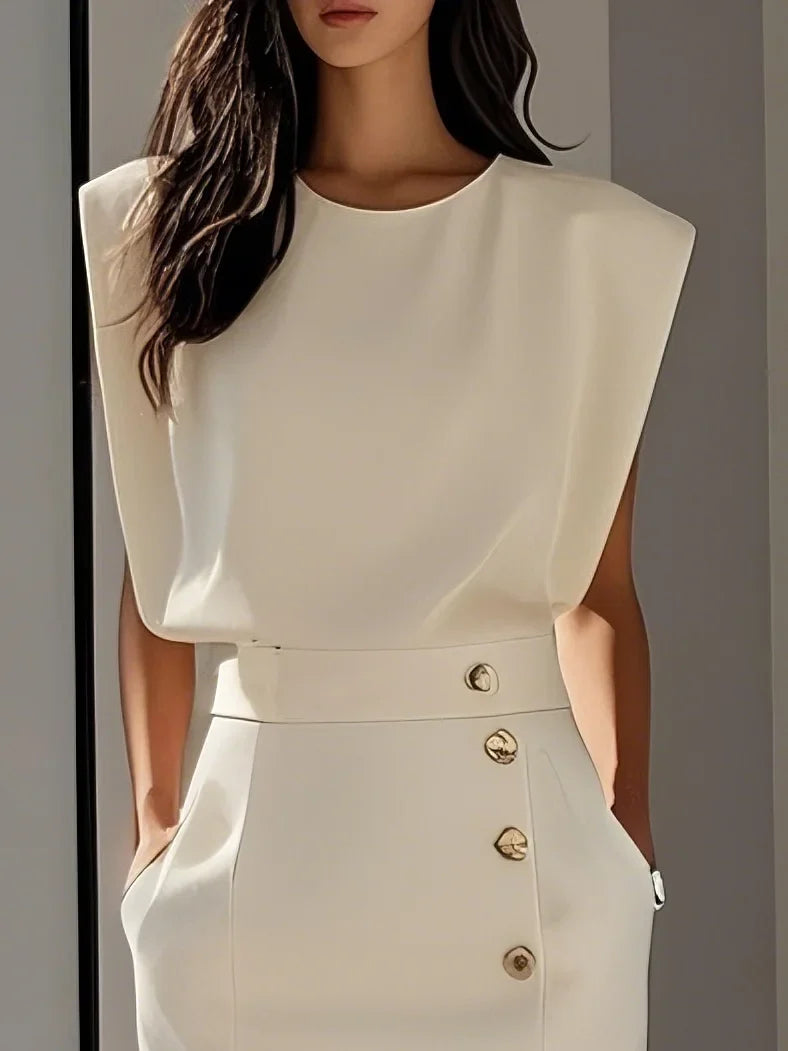 GENEVIEVE | ABITO MIDI CON SPALLE IMBOTTITE, DETTAGLIO BOTTONI E SPACCO