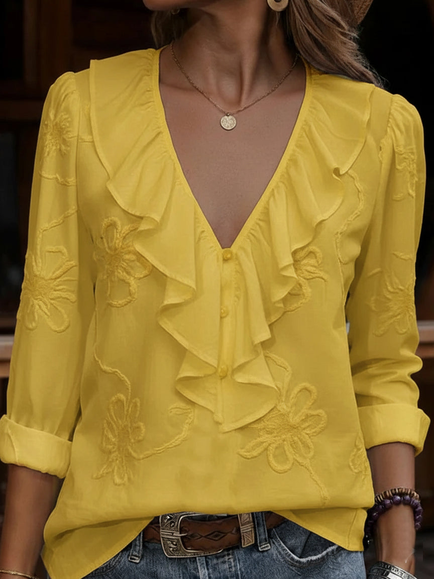 CELESTINE | CAMICIA VINTAGE A FIORI CON SCOLLO A V E VOLANT