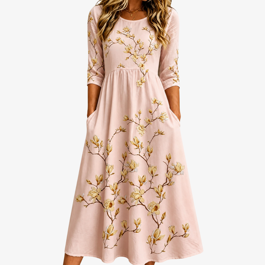 AMELIA | ABITO MIDI A POCKET CON STAMPA MAGNOLIA DORATA