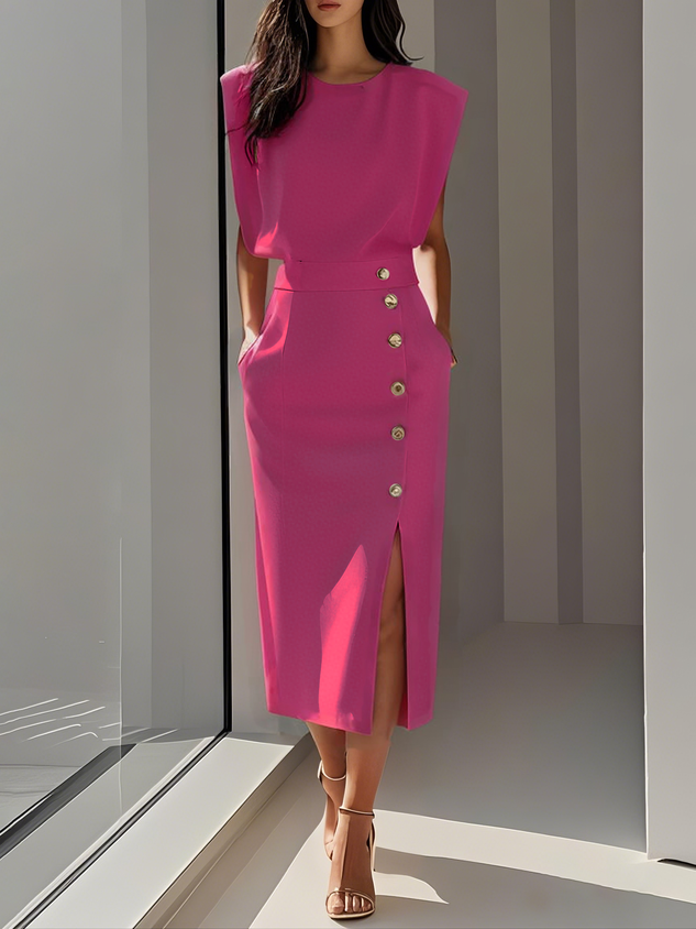 GENEVIEVE | ABITO MIDI CON SPALLE IMBOTTITE, DETTAGLIO BOTTONI E SPACCO