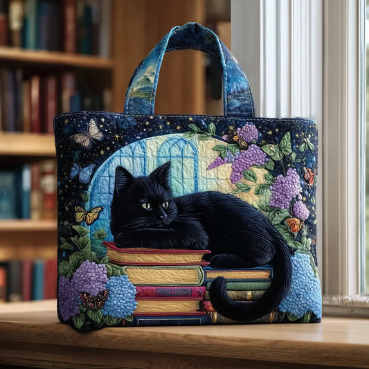 CHARLOTTE | BORSA ARTIGIANALE CON GATTO NERO SUI LIBRI