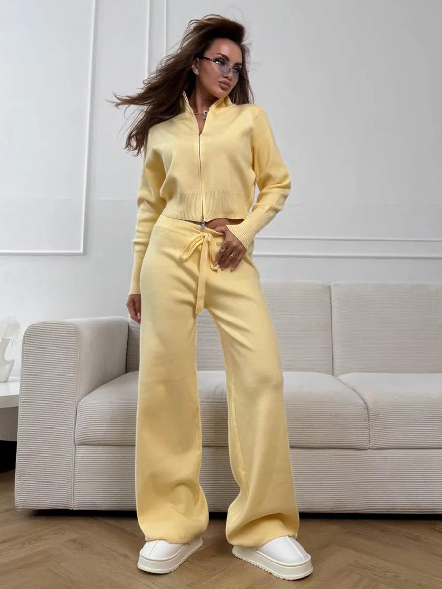 ISLA | COMPLETO IN MAGLIA 2 PEZZI – PANTALONI GAMBA AMPIA CON COULISSE E GIACCA CON ZIP