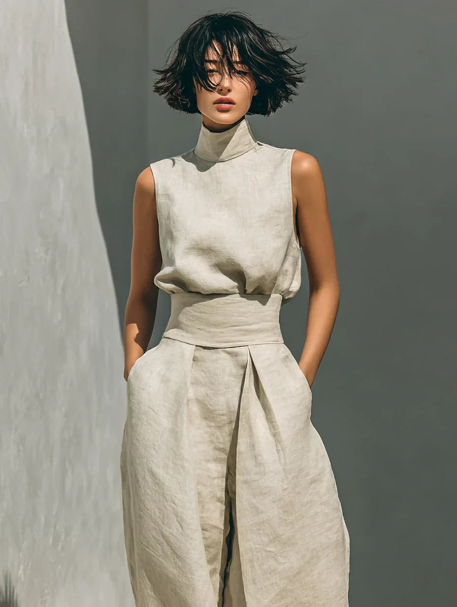 FLOR | COMPLETO DONNA MINIMALISTA A DUE PEZZI CON BLUSA SENZA MANICHE E PANTALONI A GAMBA LARGA