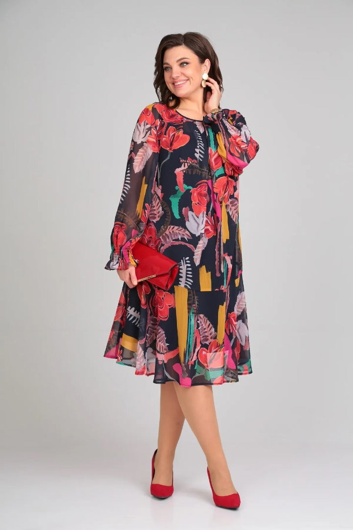 MARGOT | ABITO MIDI A MANICHE LUNGHE IN CHIFFON CON STAMPA FLOREALE AUDACE