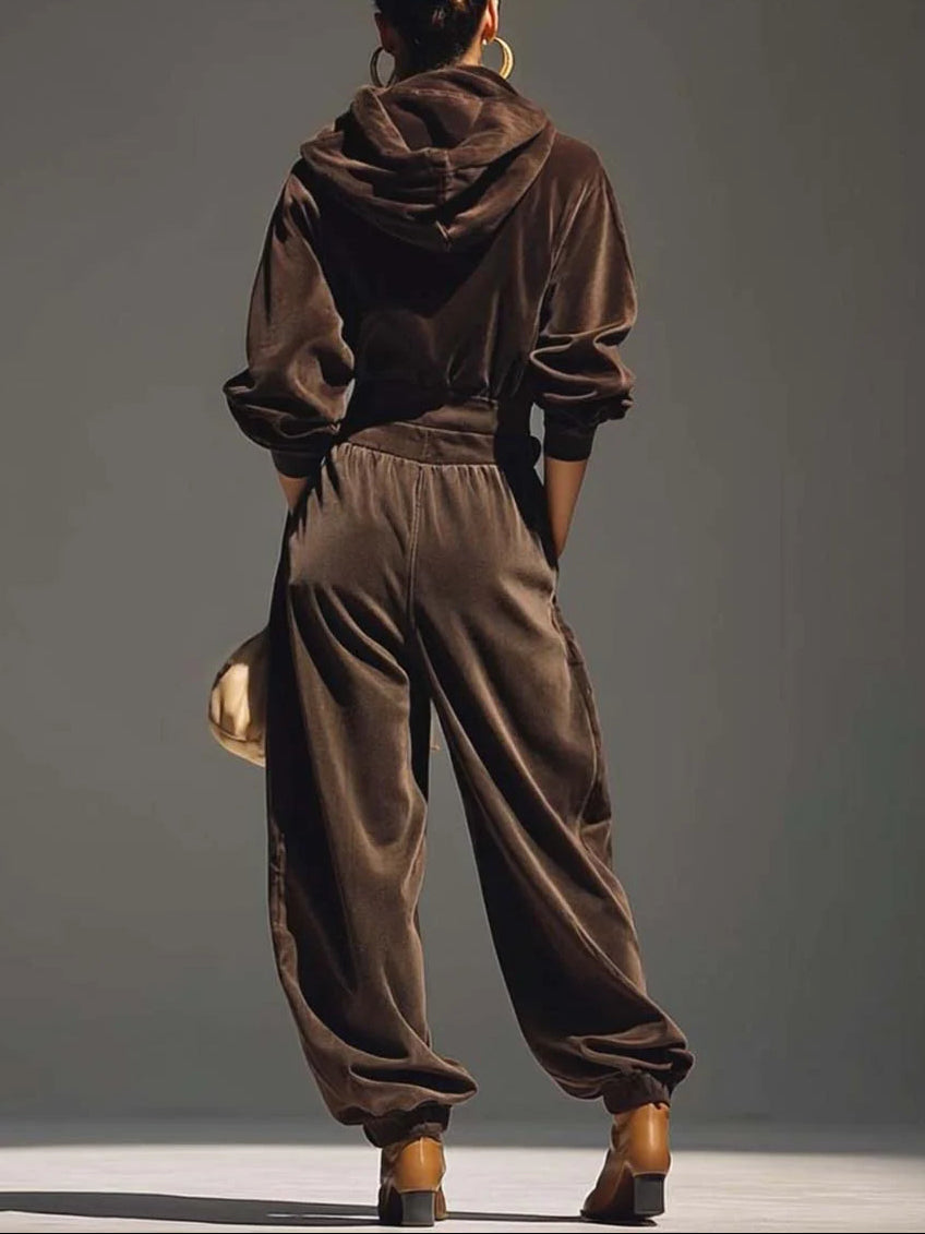 FREYA | COMPLETO FELPA CON CAPPUCCIO IN VELLUTO MARRONE VINTAGE E PANTALONI AMPI