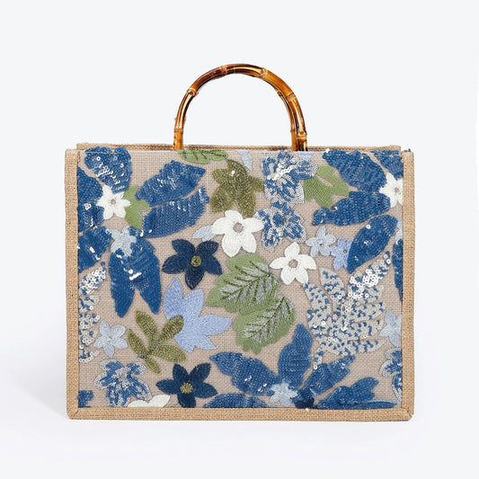 OCEANMEADOW | BORSA TOTE CON MANICO IN BAMBÙ E PAILLETTES A MOTIVO FLOREALE BLU