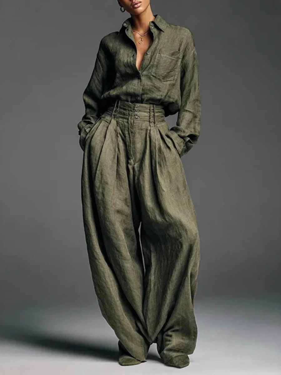 POPPY | COMPLETO COMPOSTO DA CAMICIA CON REVERS IN MISTO LINO E PANTALONI A GAMBA LARGA A VITA ALTA