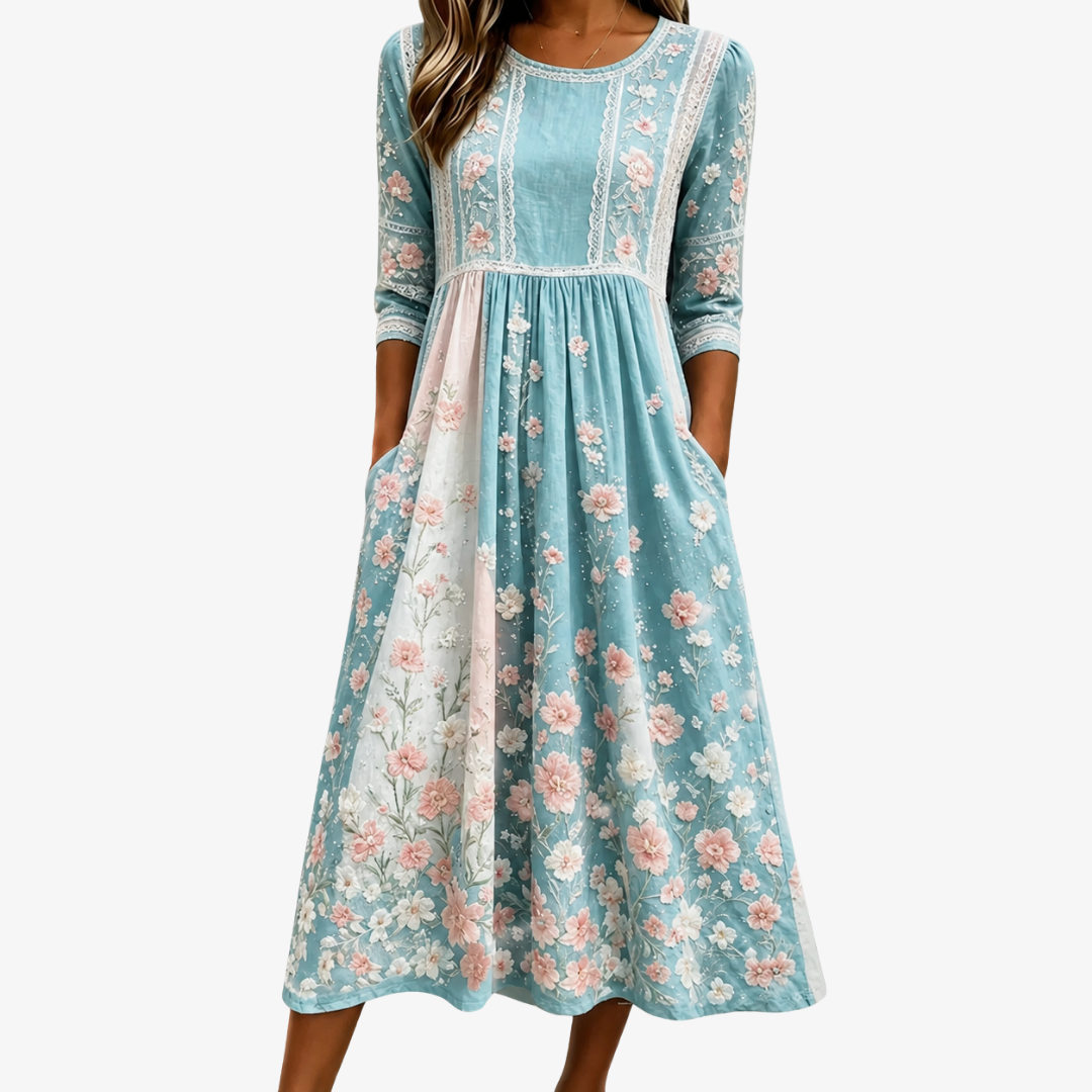 ROSALIE | ABITO MIDI PATCHWORK A FIORI PRIMAVERILI
