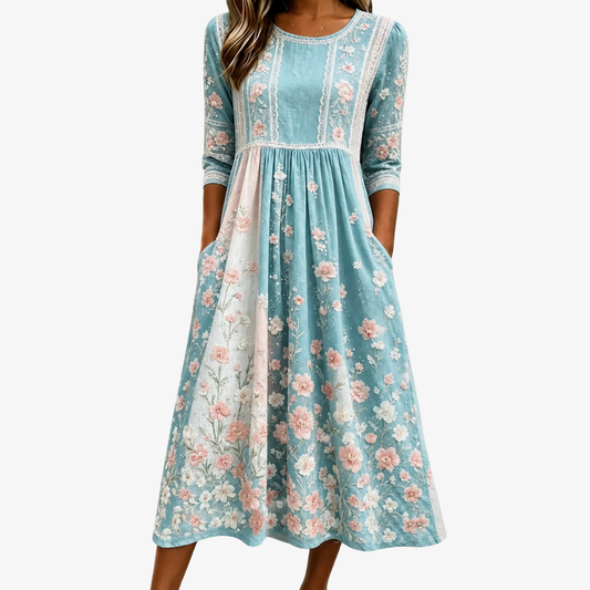 ROSALIE | ABITO MIDI PATCHWORK A FIORI PRIMAVERILI
