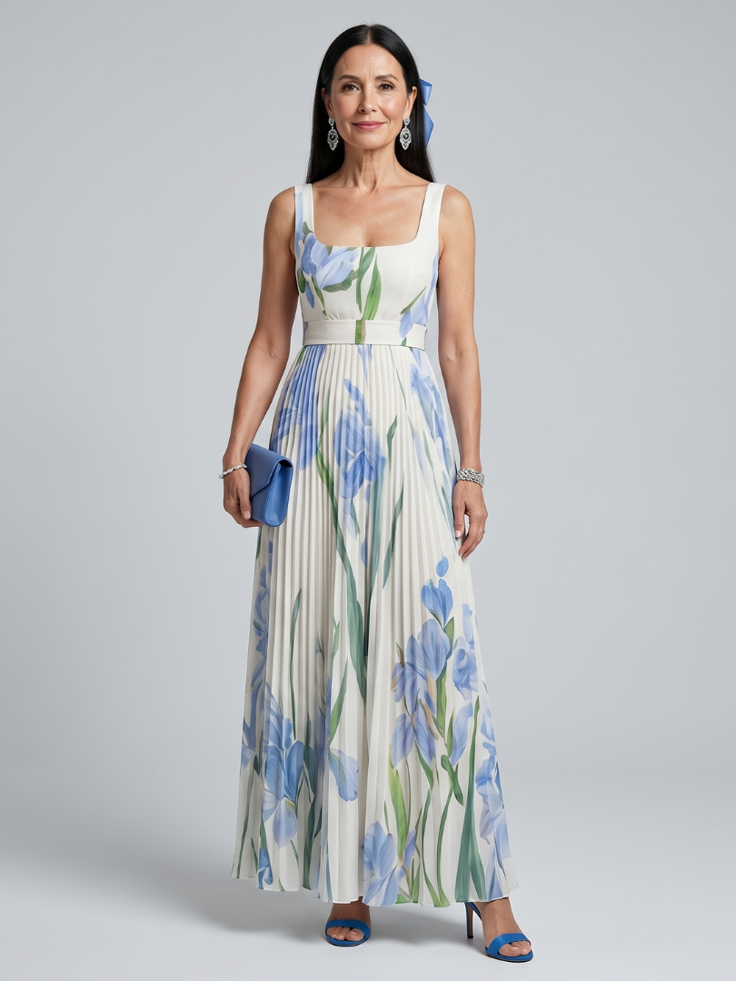 OPHELIA | VESTITO MIDI CON SCOLLO QUADRATO E STAMPA FLOREALE SENZA MANICHE