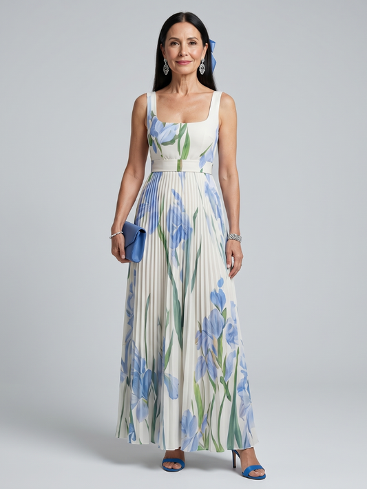 OPHELIA | VESTITO MIDI CON SCOLLO QUADRATO E STAMPA FLOREALE SENZA MANICHE