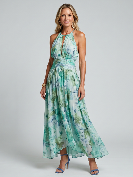 PORTIA | ABITO MIDI A PIEGHINE CON SCOLLO ALL'AMERICANA E MOTIVO FLOREALE DELICATO