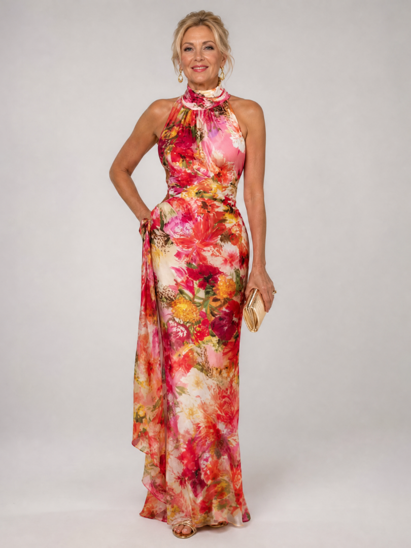 ELISABETTA | ABITO LUNGO CON STAMPA FLOREALE E SCOLLO ALL'AMERICANA
