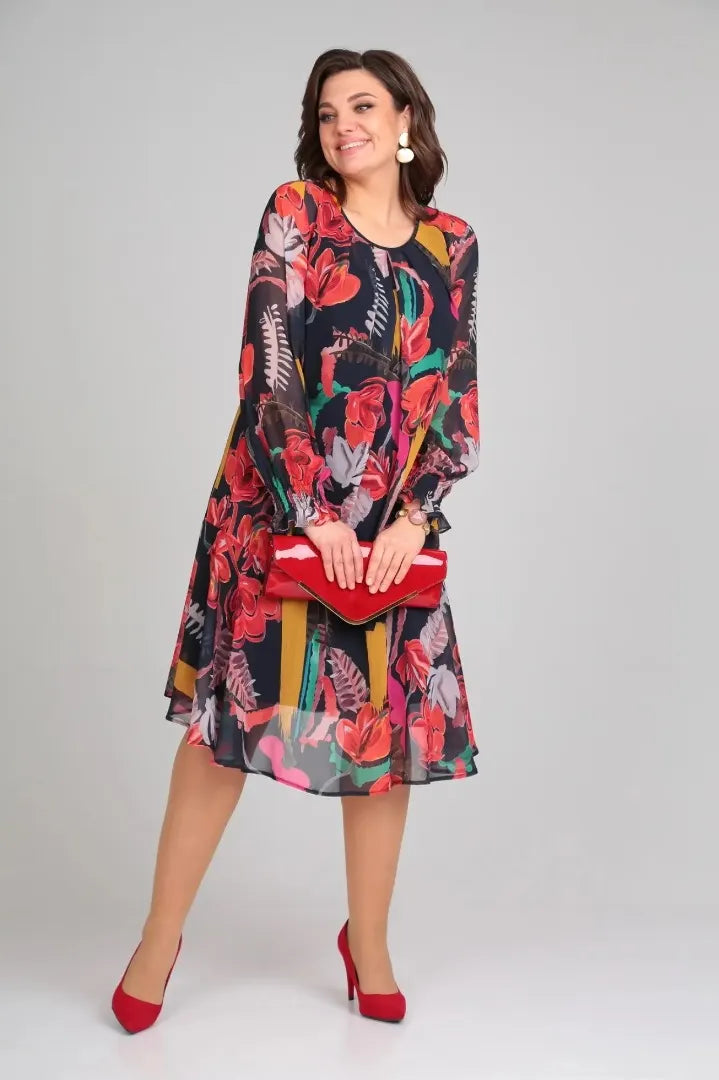 MARGOT | ABITO MIDI A MANICHE LUNGHE IN CHIFFON CON STAMPA FLOREALE AUDACE