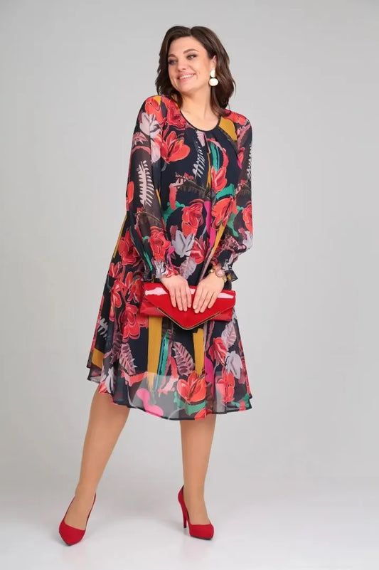 MARGOT | ABITO MIDI A MANICHE LUNGHE IN CHIFFON CON STAMPA FLOREALE AUDACE