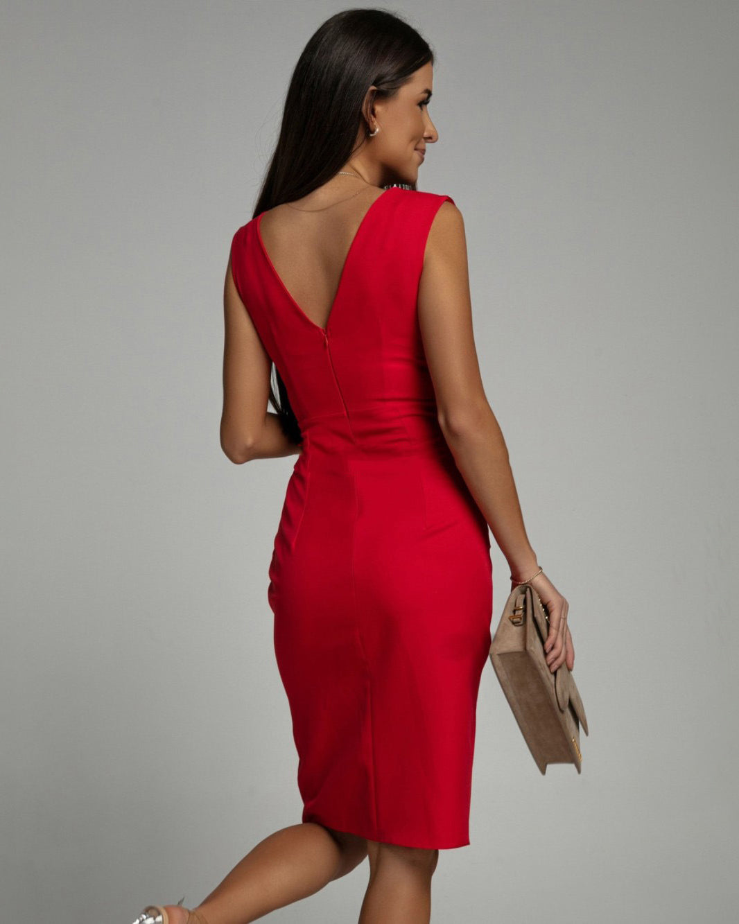 LORETTA | ABITO MIDI SMANICATO CON SCOLLO A V, ARRICCIATURE E SPACCO