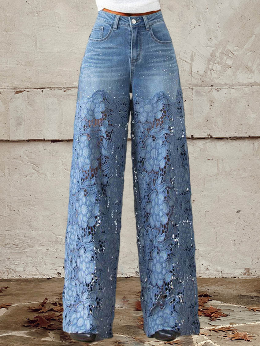 OCTAVIA | JEANS A GAMBA LARGA IN DENIM CON INSERTI IN PIZZO