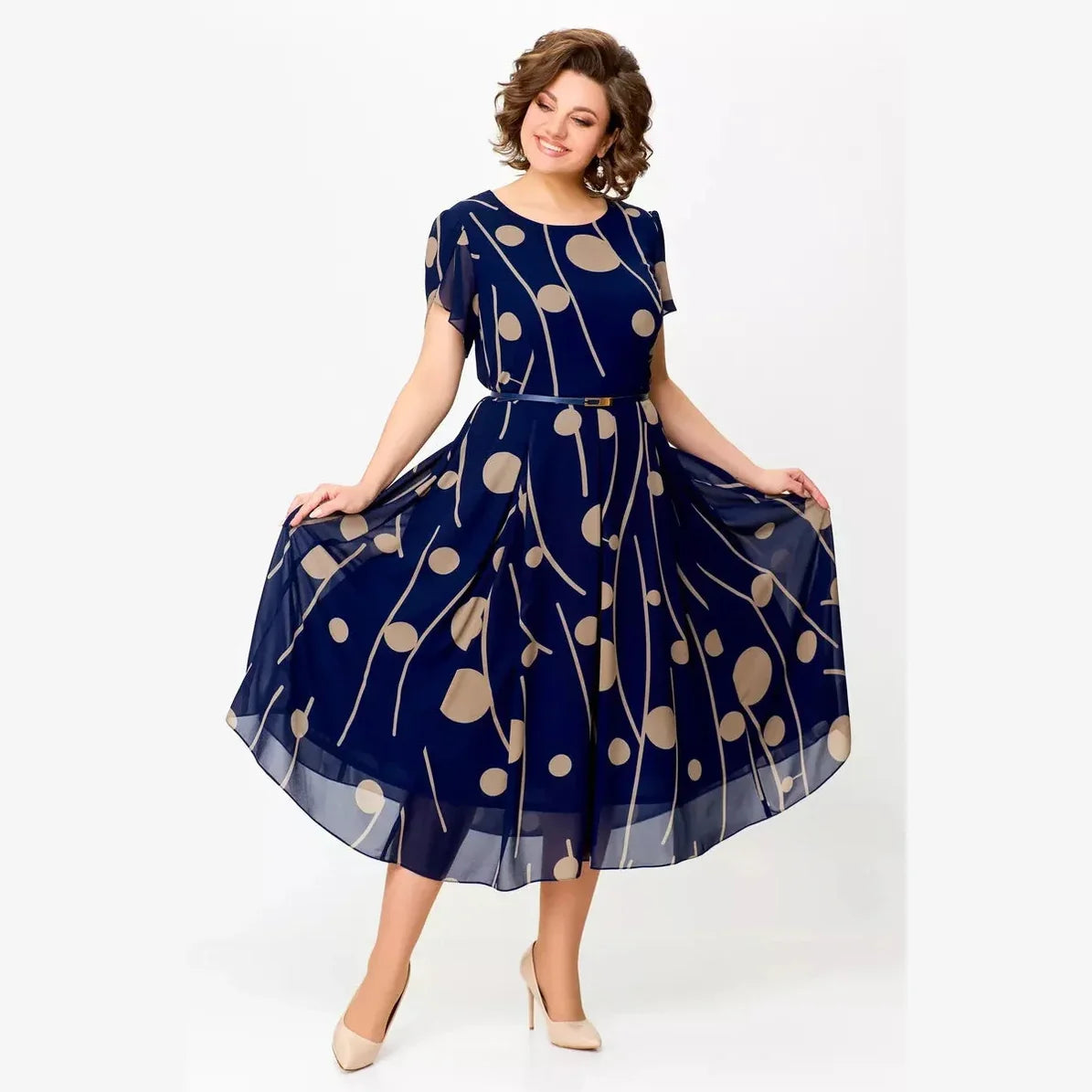 IVY | ABITO MIDI IN CHIFFON CON STAMPA A POIS BLU NAVY