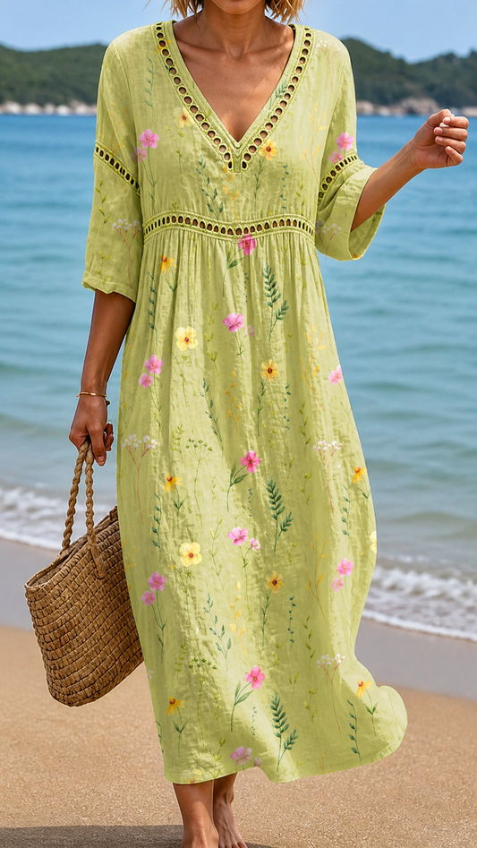 ELSIE | VESTITO MIDI VERDE CHIARO CON FIORI DELICATI