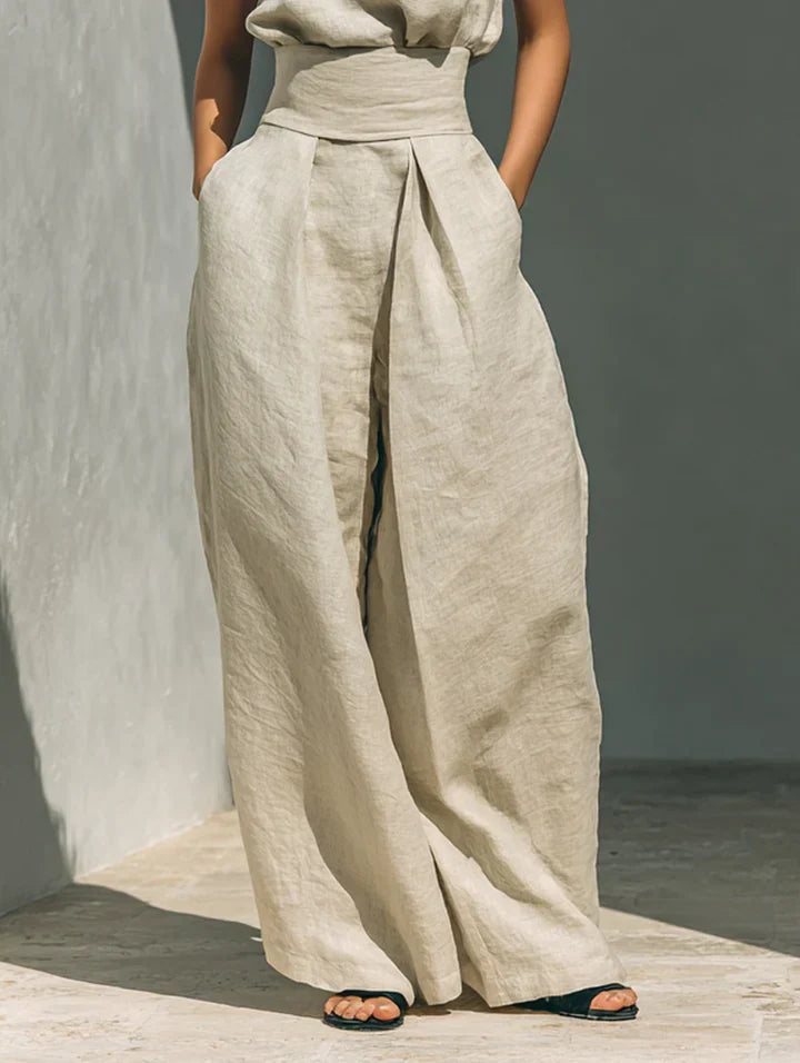 FLOR | COMPLETO DONNA MINIMALISTA A DUE PEZZI CON BLUSA SENZA MANICHE E PANTALONI A GAMBA LARGA