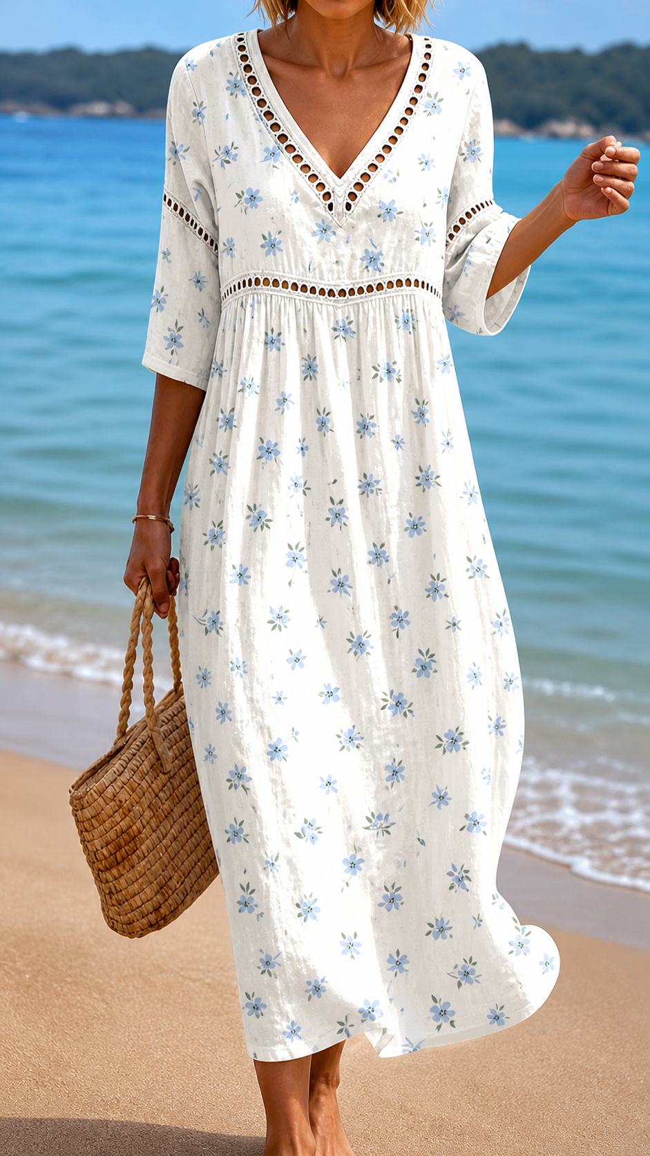 AMELIA | VESTITO MIDI ESTIVO MORBIDO CON PICCOLI FIORI BLU