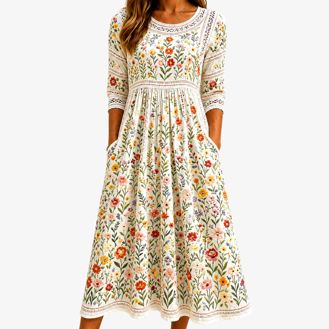 NORA | VESTITO MIDI CON CHARM PRATO DI FIORI DI CAMPO