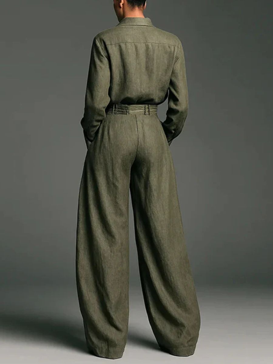 POPPY | COMPLETO COMPOSTO DA CAMICIA CON REVERS IN MISTO LINO E PANTALONI A GAMBA LARGA A VITA ALTA
