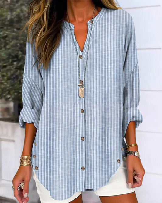 LINDA | TOP A RIGHE BLU CON SCOLLO A V